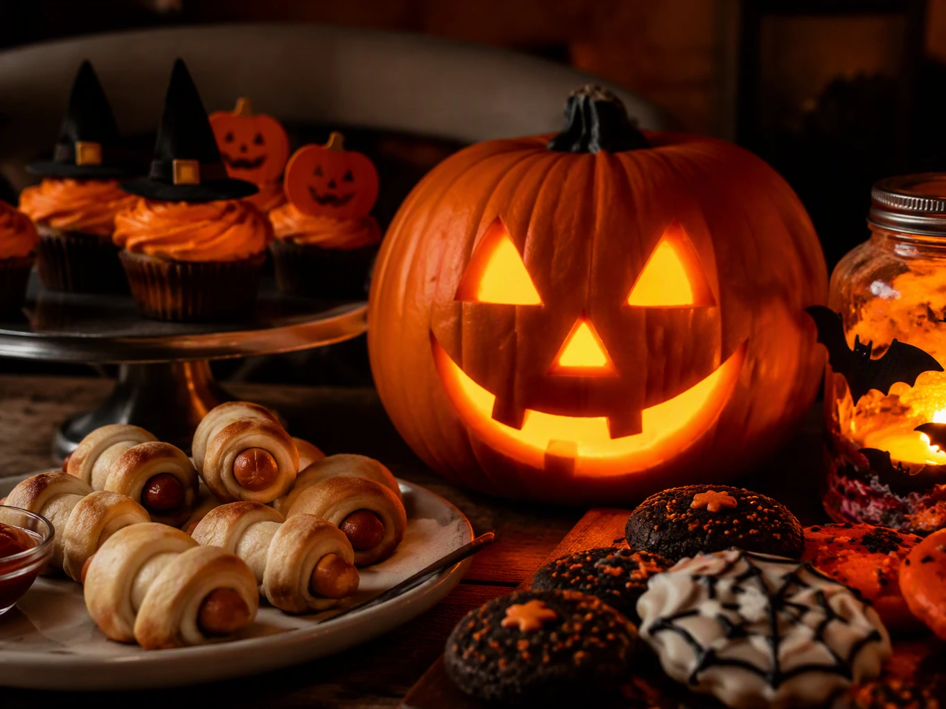 Warum an Halloween Kürbisse geschnitzt werden Ein Kürbis und Kekse auf einem Tisch